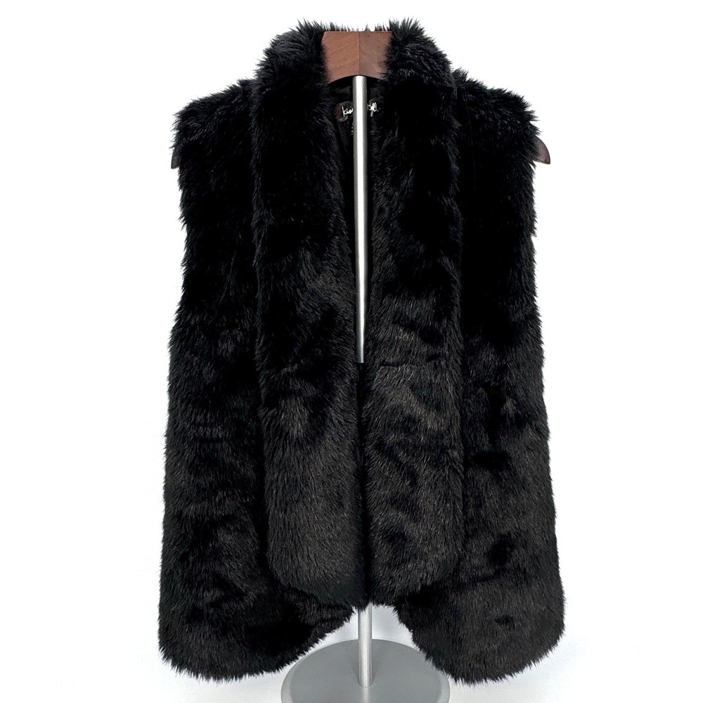 Kiss & Tell Faux Fur Glam Vest Shiny Black Layover Collar Open‎ Women's Sz M